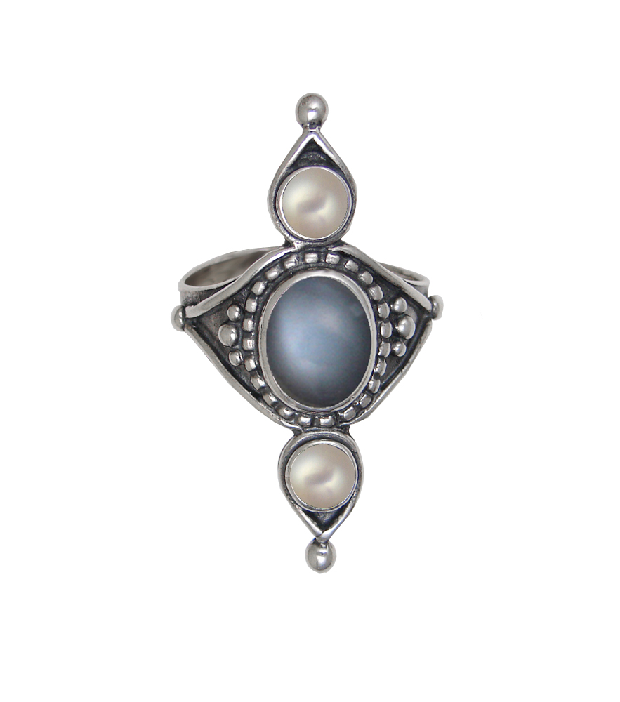 Sterling Silver Royal Ring With Grey Moonstone And Cultured Freshwater Pearl Size 6